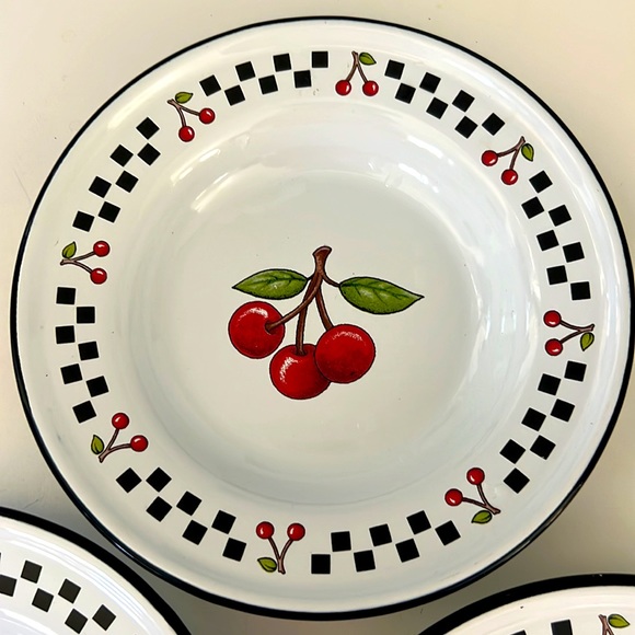 Vintage Mary Engelbreit 3 Cherries Salad Plates Enamelware Black white Checks - Picture 3 of 5